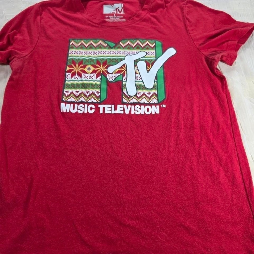 MTV Music Television Graphic T-Shirt Red Fair Isle Logo Mens Large Short Sleeve